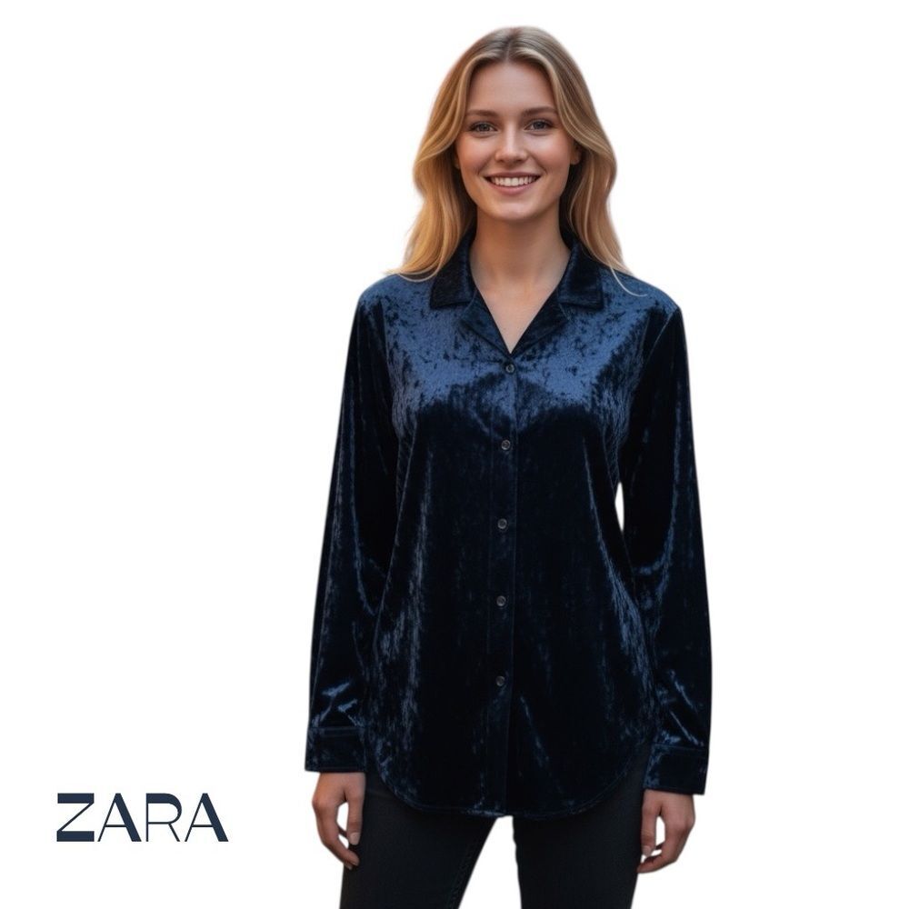 ZARA Blue Velvet Buttoned Down Long Sleeve Skirt NWOT Size M